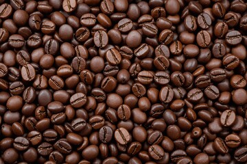 Obraz premium Roasted coffee beans in close-up forming a textured background. Creative pattern emphasizing rich brown hues and glossy surfaces. Ai generative