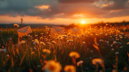 Envelopes placed in a vibrant flower field at sunset, capturing a serene and magical atmosphere