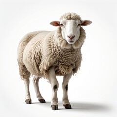 Fototapeta premium Fluffy Sheep Standing Against White Background