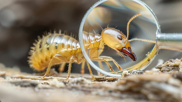 Closeup of termite workers on wood, magnifying glass reveals nest activity and tiny insects