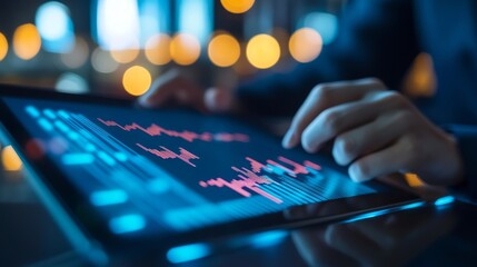 Office man using digital tablet, stock market changes, business graph bar chart. Double exposure of blue white white lines, growing numbers. Concept of online trading and technology
