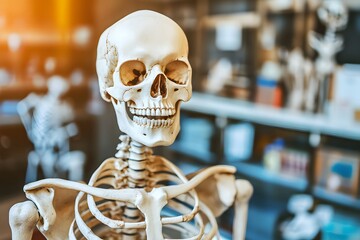 Model skeleton displayed for anatomy study soft daylight biology classroom background