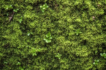 A verdant expanse of green moss and tiny green plants