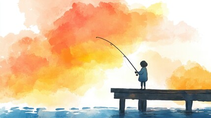 Fototapeta premium A serene watercolor scene of a child fishing from a wooden pier under a vibrant sky filled with orange and yellow clouds.