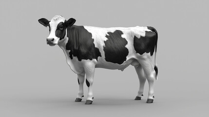 black and white cow standing on plain background, showcasing its distinctive markings and features. cow appears calm and curious, adding serene touch to image.
