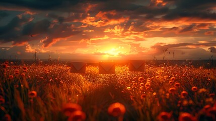 Envelopes in a Vibrant Field at Sunset, Symbolizing Connection and Communication Amidst Nature