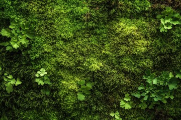 Lush green moss and small plants create a nature background pattern
