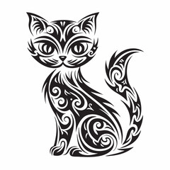 Black and white cat tattoo design with a cute cartoon silhouette of a kitten's face and tail in tribal style