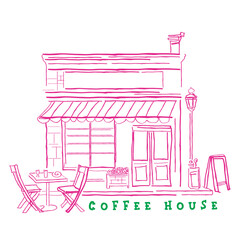hand drawn line art vector of Coffee house. Prints for wall hangings. Coffee house prints. Freestyle retro sketches.