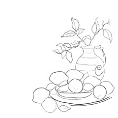 Hand drawn line art vector of Lemons and a pot. 