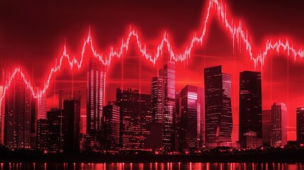 Naklejka premium Financial graph with a red falling trend line overlay on a cityscape background, symbolizing a market downturn and financial crisis