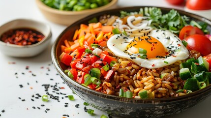 Sri Lankan kottu egg and vegetables finely chopped and plated neatly on white background