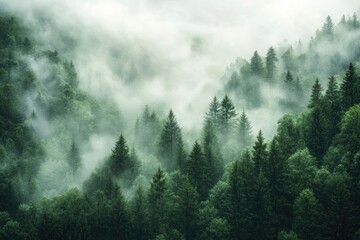Misty mountain forest. Lush green trees shrouded in a soft mist, creating a tranquil atmosphere