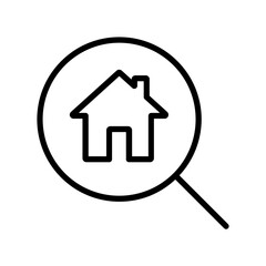 Black single house search line icon, simple search home glass flat design vector pictogram, infographic vector for app logo web button banner ui ux interface elements isolated on white background