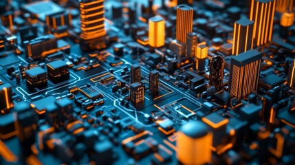 City model standing on dark blue motherboard. Concept of hi tech in architecture and digital city lifestyle. 3d rendering