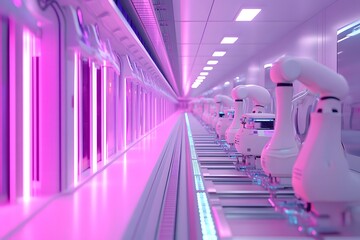 A futuristic automated assembly line with robots constructing glowing, intricate devices under a soft neon pink and purple hue. 