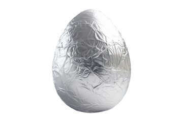 A large chocolate Easter egg wrapped in crinkled silver foil, isolated on white transparent background. The foil texture reflects light, creating a festive look