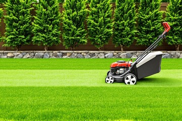 Modern lawn mower on vibrant green grass with a landscaped background featuring trees and a stone fence. Concept of gardening and lawn care. Ai generative