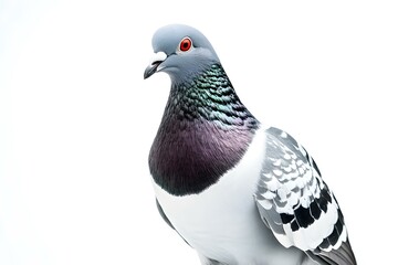 Fototapeta premium A close-up of a grey pigeon with striking black and white feathers, standing against a clean white background
