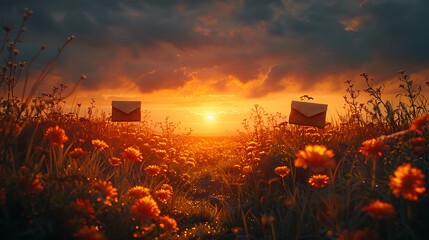 Two letters resting in a vibrant flower field during a stunning sunset, symbolizing communication and nature