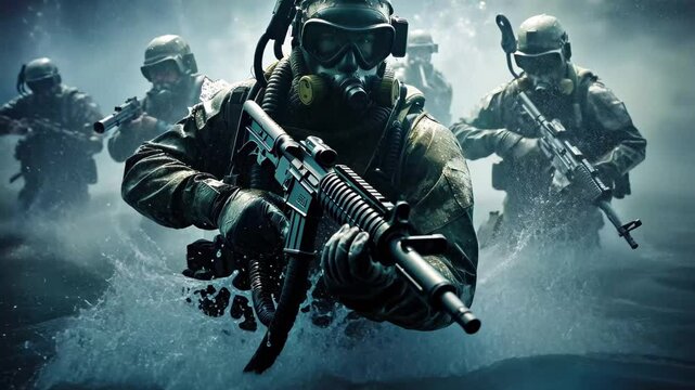 An underwater view showing navy SEAL divers moving through water with weapons, demonstrating tactical skills during a training exercise in a dark, immersive environment