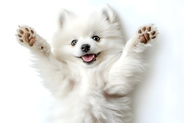 cute funny white pomeranian/samoyed puppy dog lying on his back with paws up and waiting for belly rubs