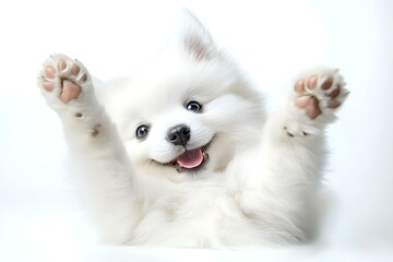 Fototapeta premium cute funny white pomeranian/samoyed puppy dog lying on his back with paws up and waiting for belly rubs