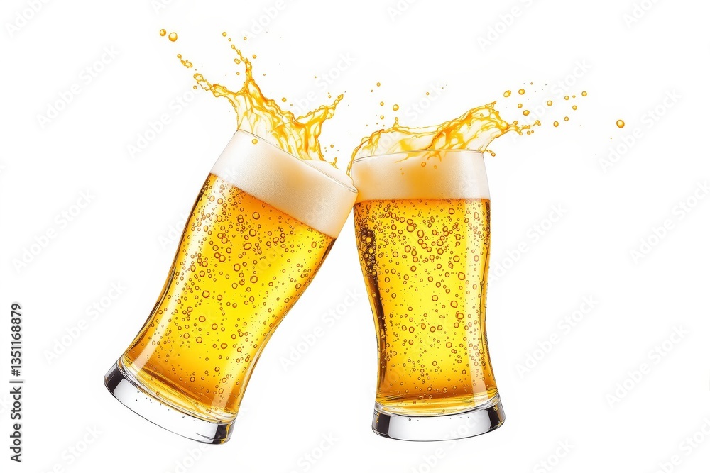 Poster two glasses of beer clinking with splashes and bubbles on a white background. the image captures the