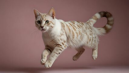 A playful, light-colored cat leaps gracefully against a soft pink backdrop, showcasing its spotted coat and vibrant green eyes.

