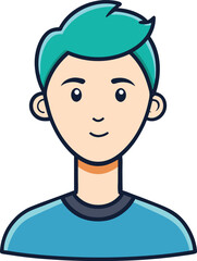 Minimalist Illustration of Smiling Boy with Blue Hair, A simple and clean line illustration of a smiling boy with turquoise hair, wearing a blue shirt, representing youth and happiness.
