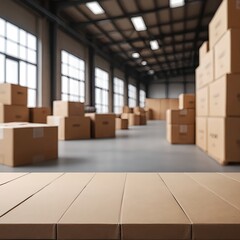 Empty Wooden Table in Blurred Warehouse Background