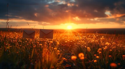Two envelopes resting in a vibrant field of flowers at sunset, capturing a serene moment of nature