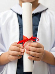 Child Holding Graduation Scroll with Red Ribbon in Graduation Robe Smiling Proudly