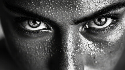 extreme close-up of a female athlete's intense eyes, sweat-dappled skin, focused gaze
