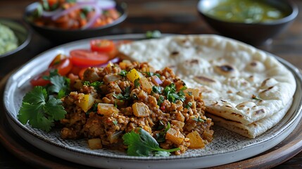 Sri Lankan kottu roti chopped flatbread and vegetables full portion plated neatly on white dishware
