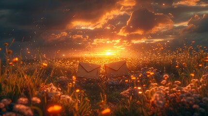 Two vintage envelopes resting on a vibrant flower-filled meadow during a stunning sunset, symbolizing connection