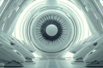 Obraz premium Futuristic white jet engine in a sleek, minimalist hangar. Rows of smaller, matching units flank the central engine.
