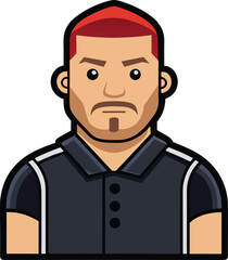 Flat Illustration of Man with Red Hair and Polo Shirt, A flat design illustration of a man with red hair, wearing a black polo shirt, exuding a strong and confident look.
