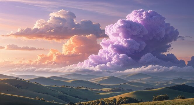 Soft lilac and apricot clouds drifting above rolling hills