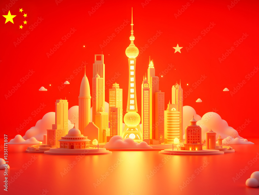 Aufkleber 3d rendering of a golden city with a red party-building background