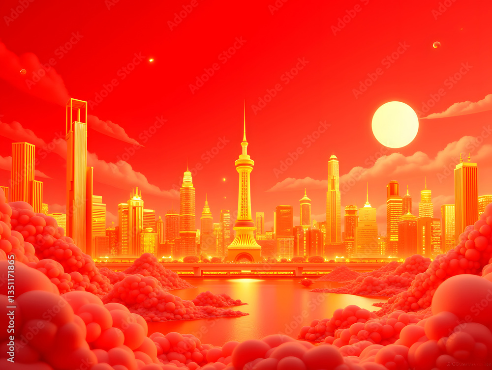 Poster 3d rendering of a golden city with a red party-building background