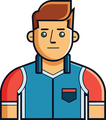 Flat Design of Casual Man in Blue Shirt, A flat design illustration of a man wearing a casual blue shirt with red sleeves, representing simplicity and style.

