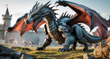 Naklejka premium Steel Armored Dragon With Sharp Claws Landing on Medieval Battlefield