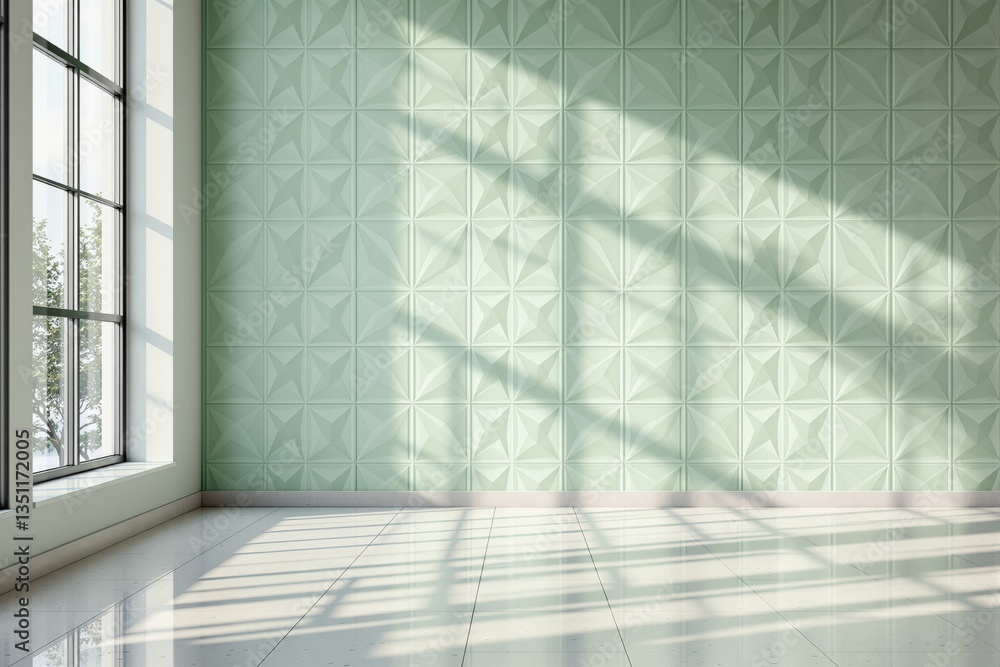 Poster minimalist empty interior with geometric green wall, sunlight casting soft shadows on glossy tile fl