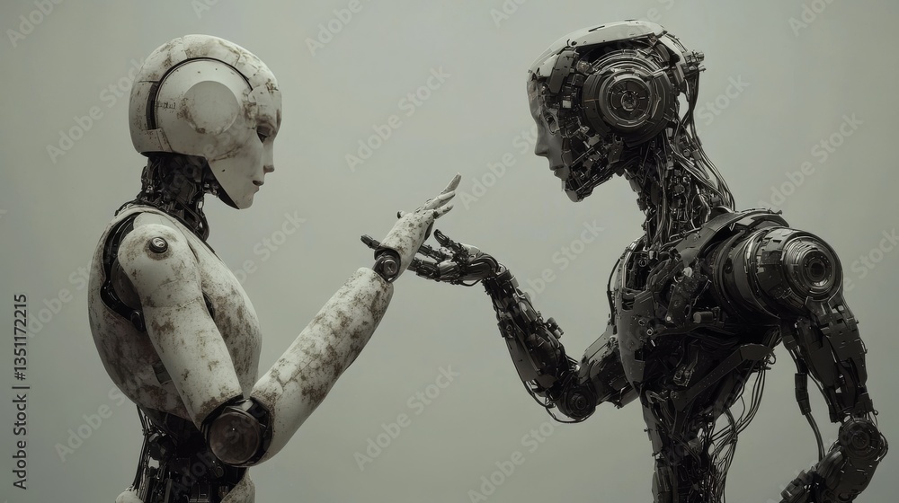 Poster human and robot hands reaching out and touching with index fingers. a gray background. concept of hi