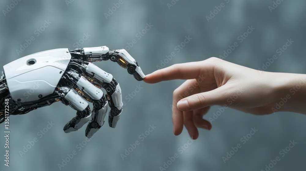 Poster human and robot hands reaching out and touching with index fingers. a gray background. concept of hi