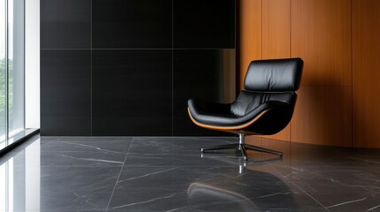 Modern, minimalist office chair in a contemporary space.  A sleek black leather executive chair sits in a stylish room featuring a combination of dark gray and light brown tones.  