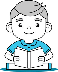 Child Reading a Book in Simple Style, A cute, simple illustration of a child sitting and reading a book, wearing a blue shirt, symbolizing learning and childhood.
