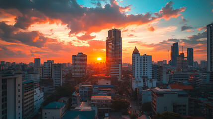Fototapeta premium Captivating city sunset captured with explosive gradient colors creating a serene and picturesque urban scene.
