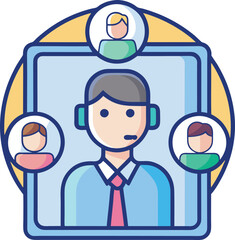 Illustration of Virtual Meeting with Call Center Agent, A cartoon illustration of a virtual meeting with a call center agent wearing a headset and multiple video call participants.
